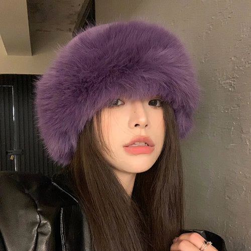Women's Fluffy Fur Bucket Hat Plush Winter Fisherman Cap Warm Thick