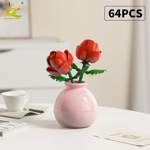 HUIQIBAO MOC Flower with Vase Model Building Block DIY Eternal Bouquet