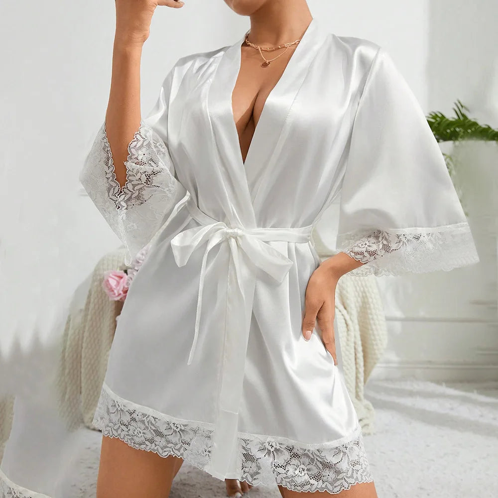 Ladies Elegant Satin Robe Lace Trim Kimono Short Sleepwear