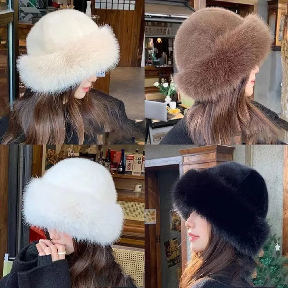 Women's Fluffy Fur Bucket Hat Plush Winter Fisherman Cap Warm Thick
