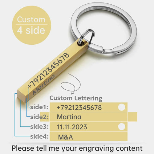 3D Bar Stainless Steel Personalize Keychains Engrave Text Name Date