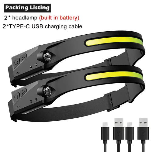 COB LED Headlamp Sensor Headlight with Built-in Battery Flashlight USB