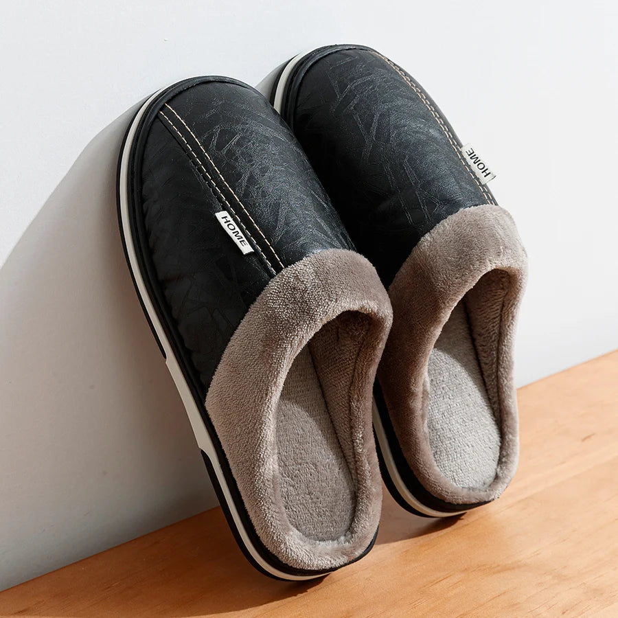 PU Leather Big Sizes Men Slippers Indoor Waterproof Fur Flat