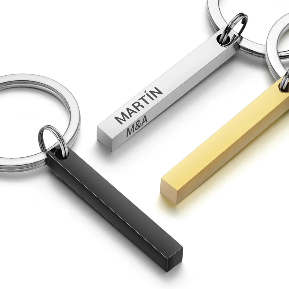 3D Bar Stainless Steel Personalize Keychains Engrave Text Name Date
