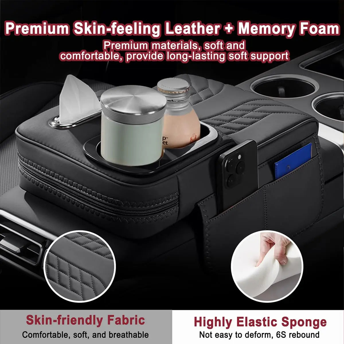 Multifunctional Car Armrest Cushion, Center Console Cover with Tissue