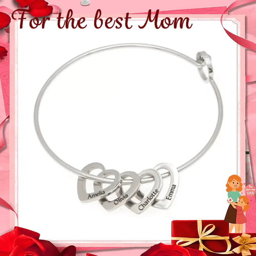 Custom Family Names Heart Beads Bangle Bracelet Personalized Names