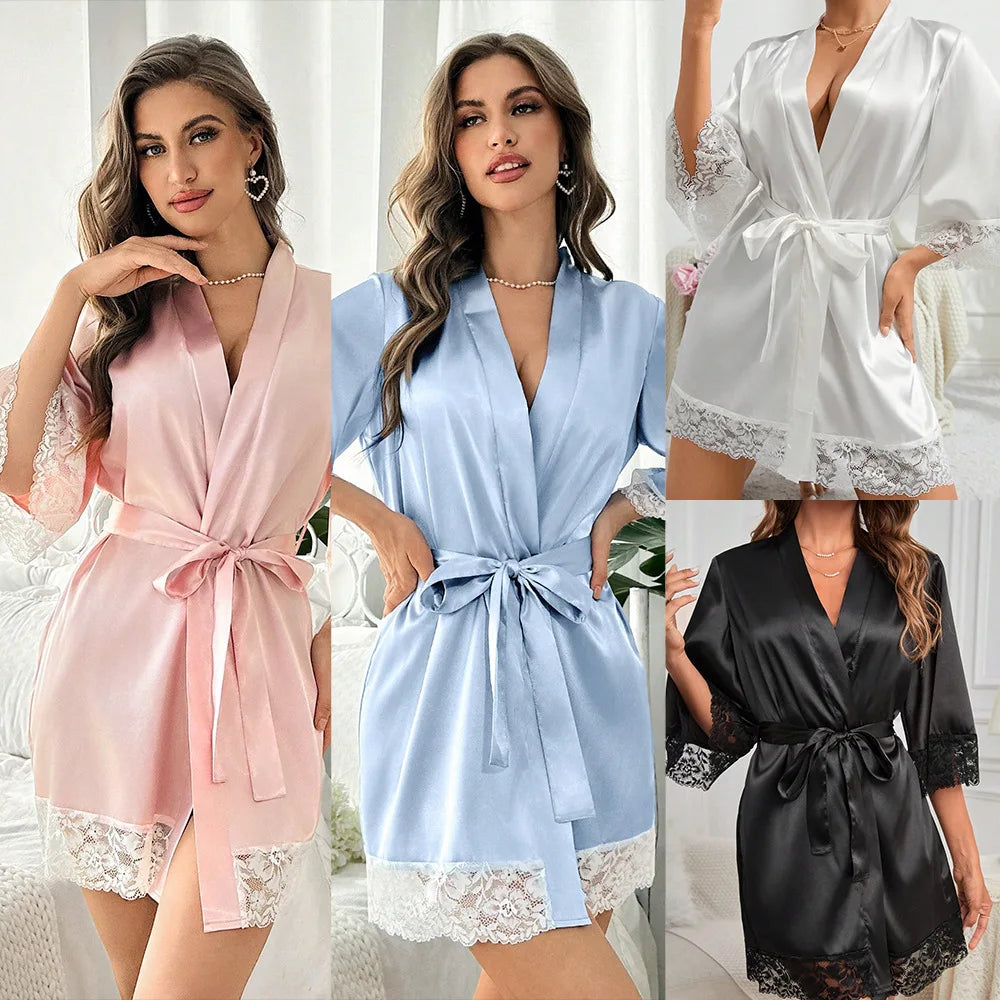 Ladies Elegant Satin Robe Lace Trim Kimono Short Sleepwear
