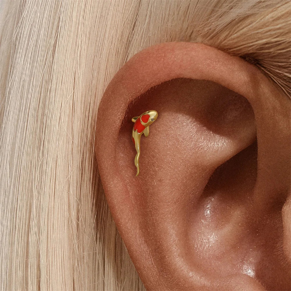 AIDE 1PC 925 Sterling Silver Lucky Red Koi Piercing Earring For Women