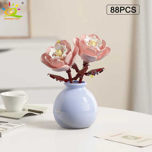 HUIQIBAO MOC Flower with Vase Model Building Block DIY Eternal Bouquet