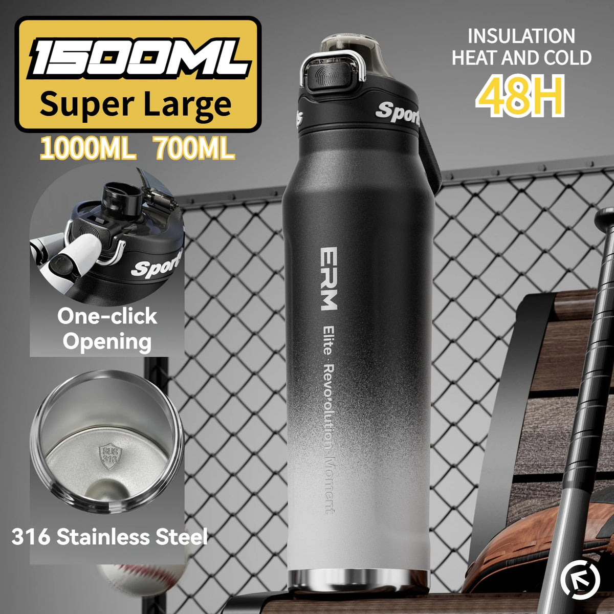 1.5L Insulated Water Bottle Stainless Steel Cold Hot Insulated Cup