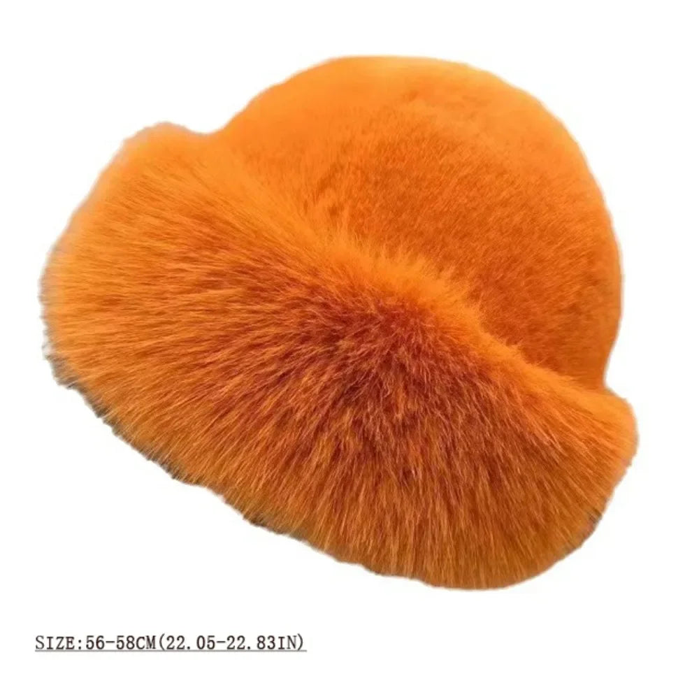 Women's Fluffy Fur Bucket Hat Plush Winter Fisherman Cap Warm Thick
