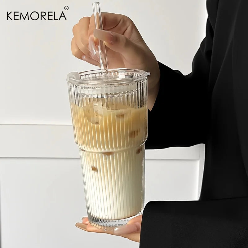 600ML Stripe Glass Coffee Cup With Lid and Without Cover Straw