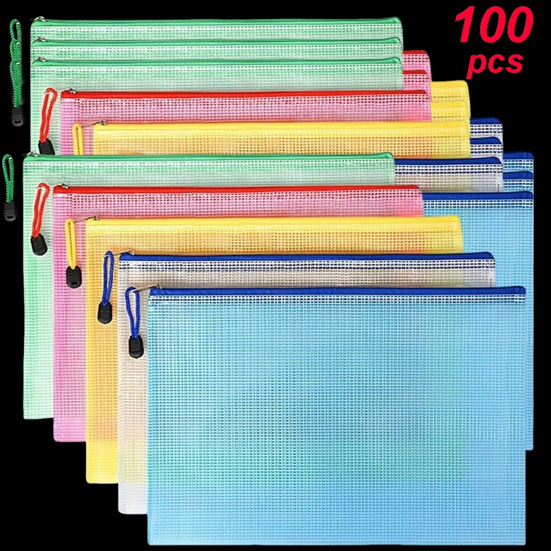 5-100PCS Stationery Storage Folder File Mesh Zipper Pouch A4/A5/A6