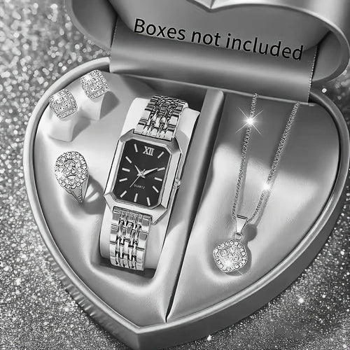 5 Pcs Womens Elegant Rectangle Rhinestone Quartz Watch Jewelry Set