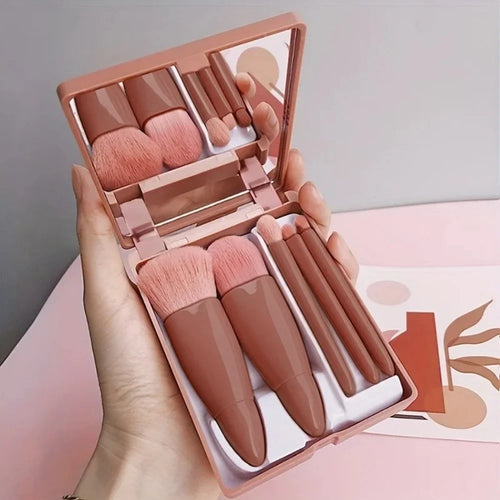 5PCS Cosmetic Brush Set Portable Makeup Brush Travel with Mirror Box