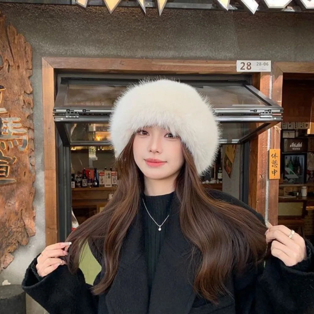 Women's Fluffy Fur Bucket Hat Plush Winter Fisherman Cap Warm Thick