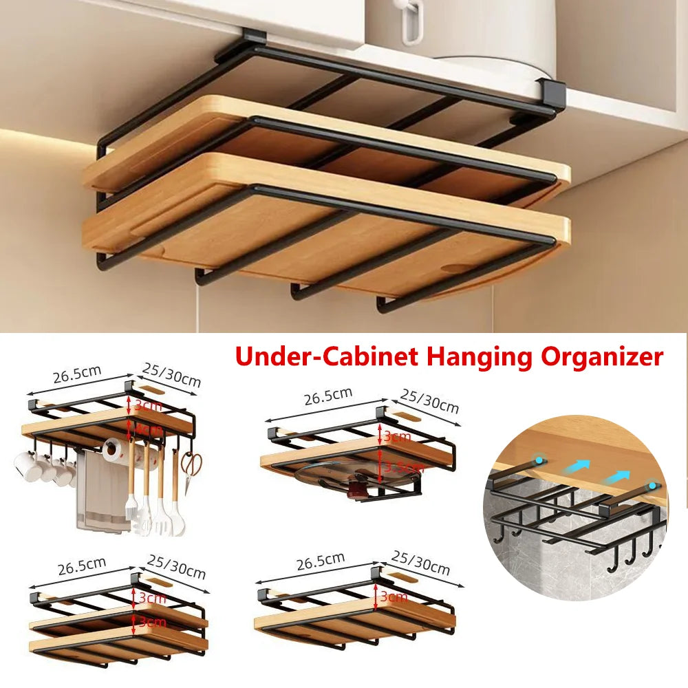 Kitchen Hanging Organizer Rack with Hooks Under Cupboard Paper Towel