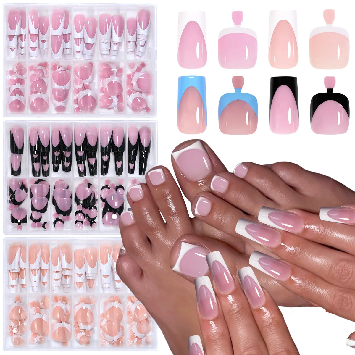 144pcs French Black Pink Hand&Foot WearIng Nail Set Short Square False