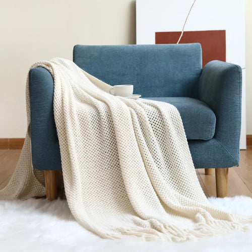 Cable Knit Khaki Throw Blanket Lightweight Knitted Jacquard Throw