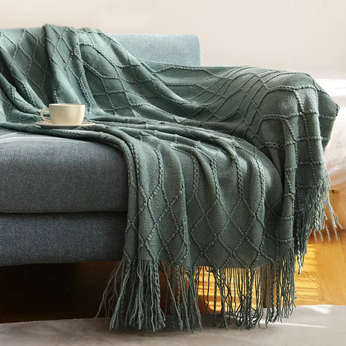Cable Knit Khaki Throw Blanket Lightweight Knitted Jacquard Throw