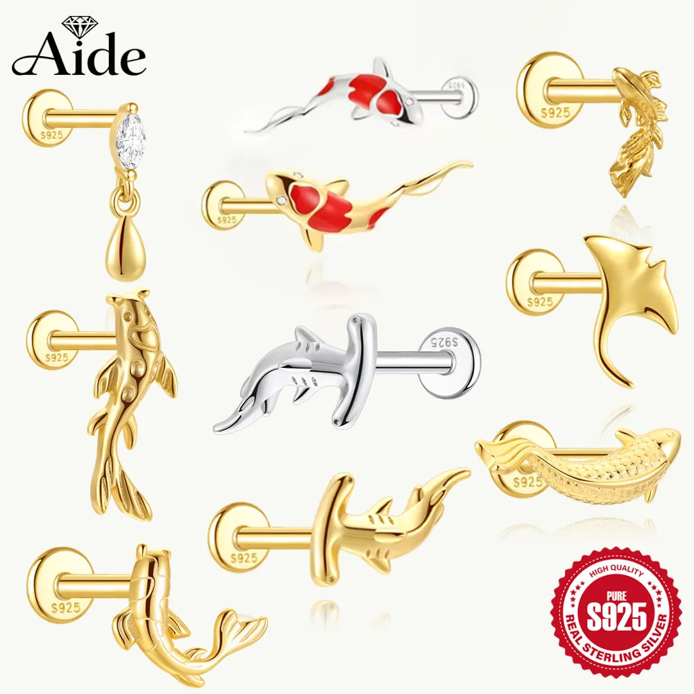 AIDE 1PC 925 Sterling Silver Lucky Red Koi Piercing Earring For Women