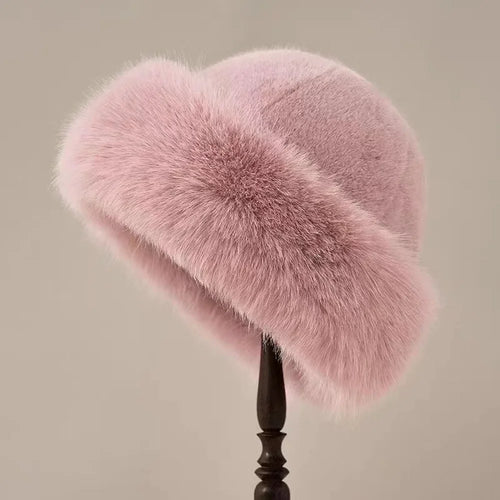 Women's Fluffy Fur Bucket Hat Plush Winter Fisherman Cap Warm Thick
