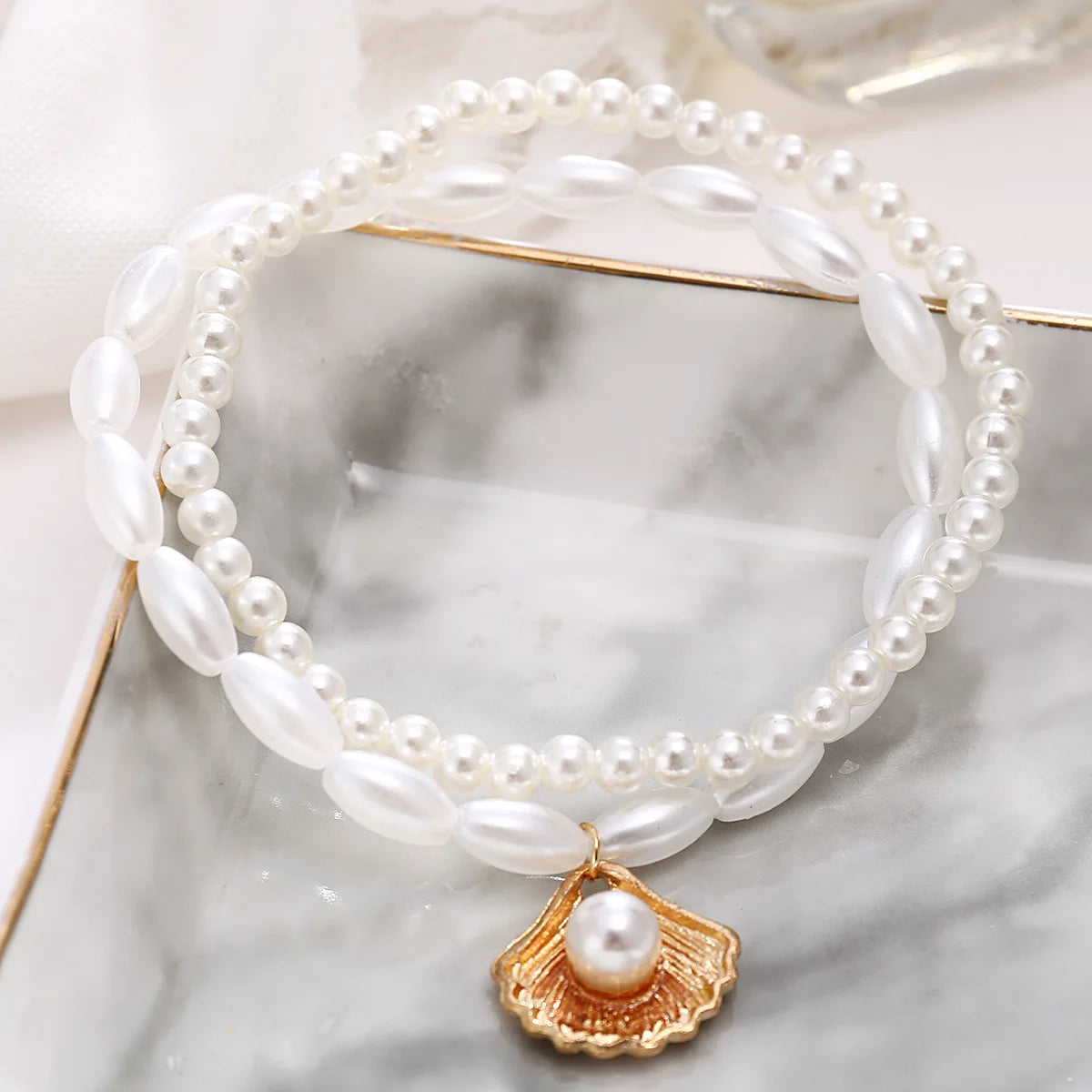 Yupsk 2pcs/set Double Layer Imitation Pearl Stackable Anklet With