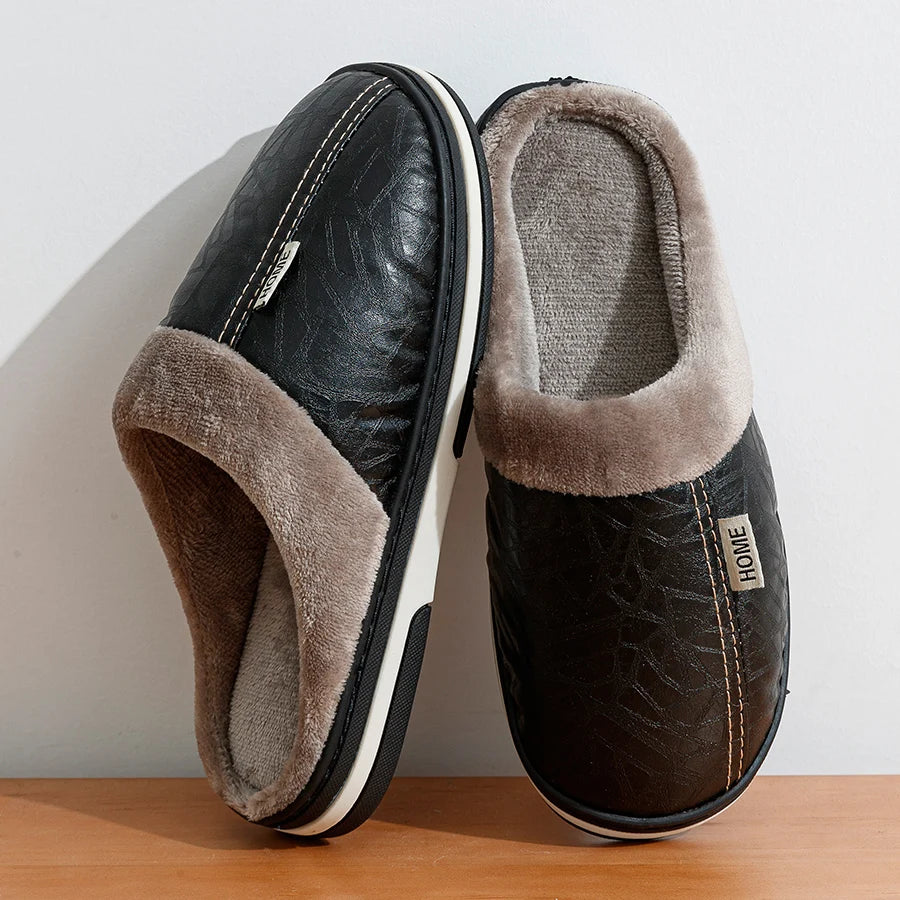 PU Leather Big Sizes Men Slippers Indoor Waterproof Fur Flat