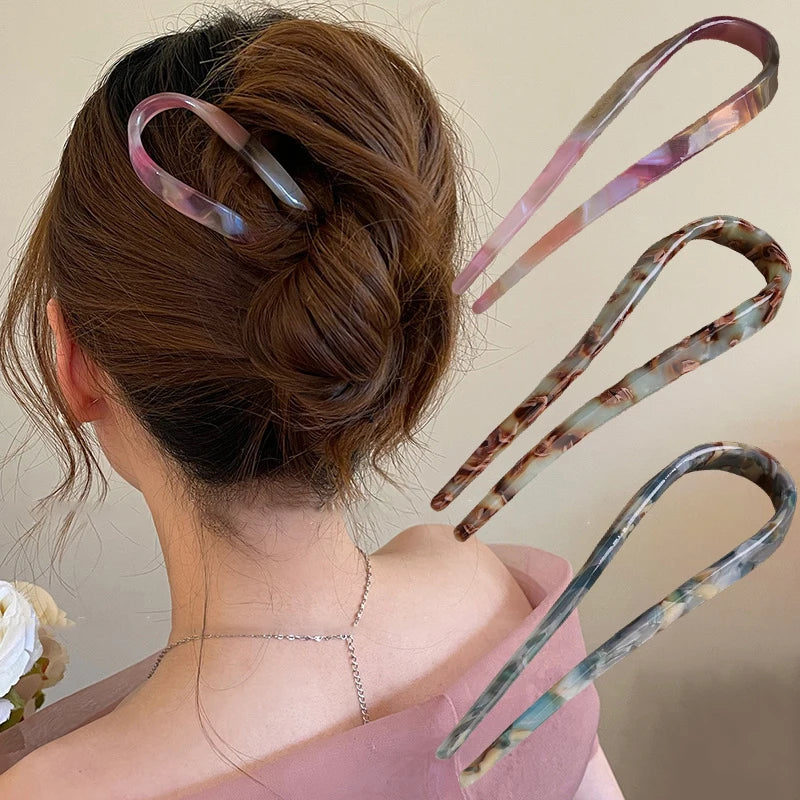 U-Shaped Hair Sticks Acetate Acrylic Hair Fork Hair Clips Fashion Bow