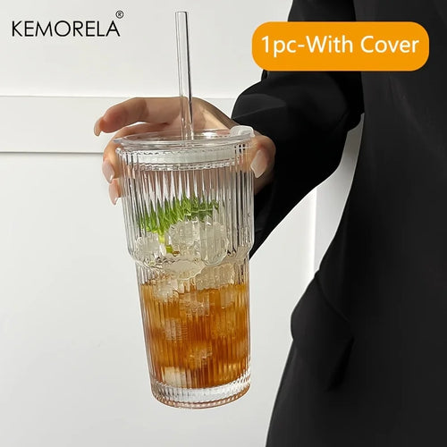 600ML Stripe Glass Coffee Cup With Lid and Without Cover Straw