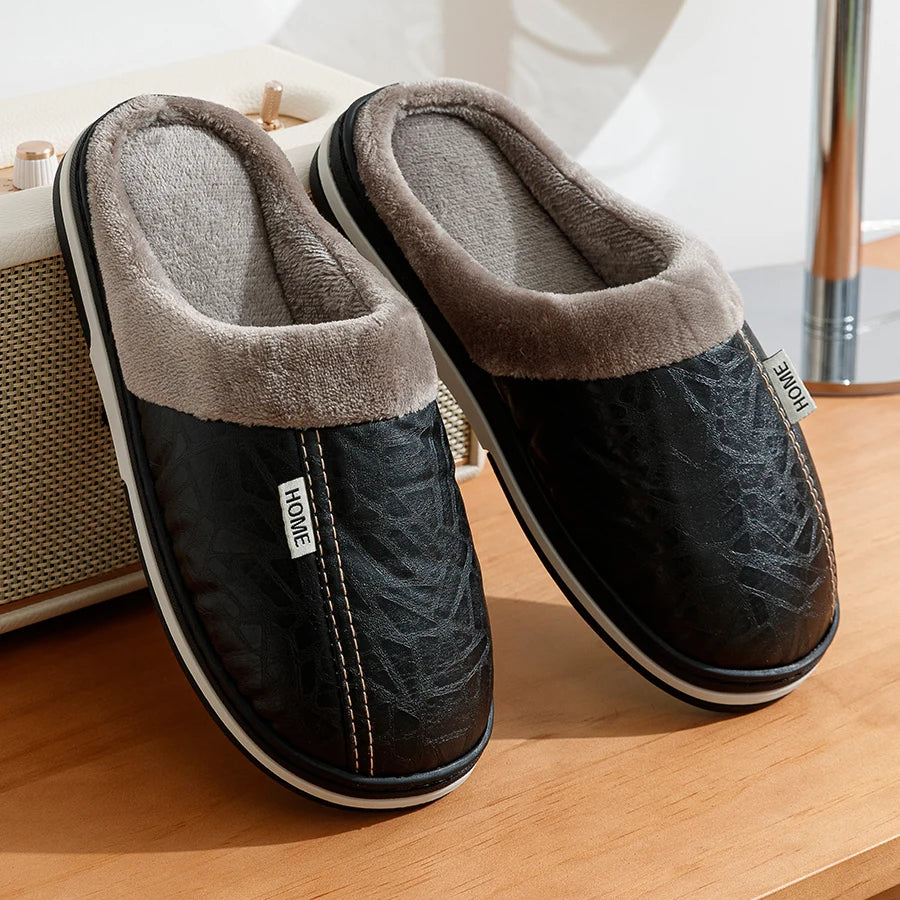 PU Leather Big Sizes Men Slippers Indoor Waterproof Fur Flat