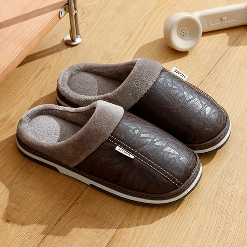 PU Leather Big Sizes Men Slippers Indoor Waterproof Fur Flat