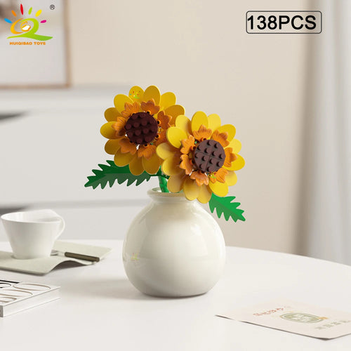 HUIQIBAO MOC Flower with Vase Model Building Block DIY Eternal Bouquet