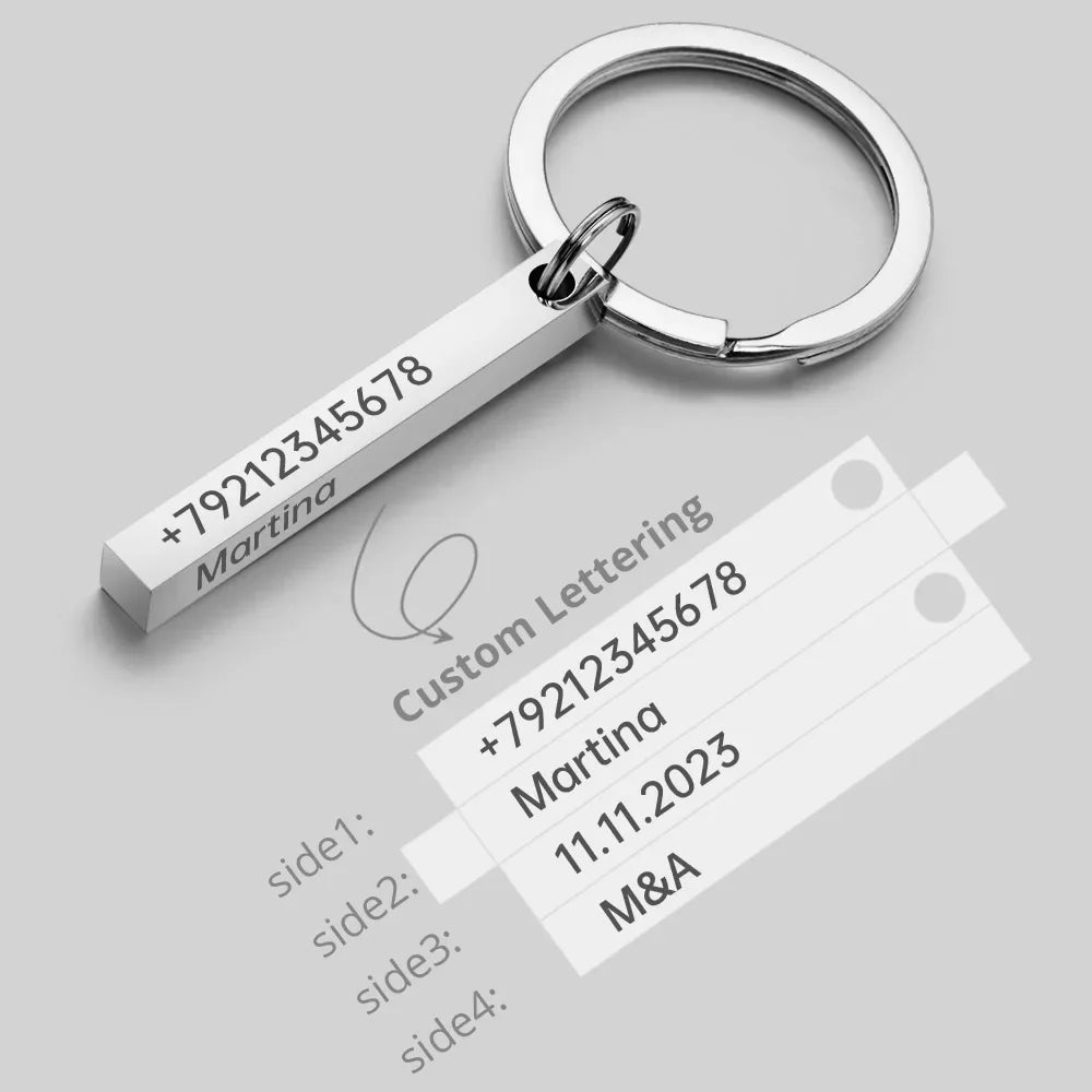 3D Bar Stainless Steel Personalize Keychains Engrave Text Name Date
