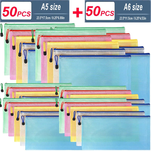 5-100PCS Stationery Storage Folder File Mesh Zipper Pouch A4/A5/A6