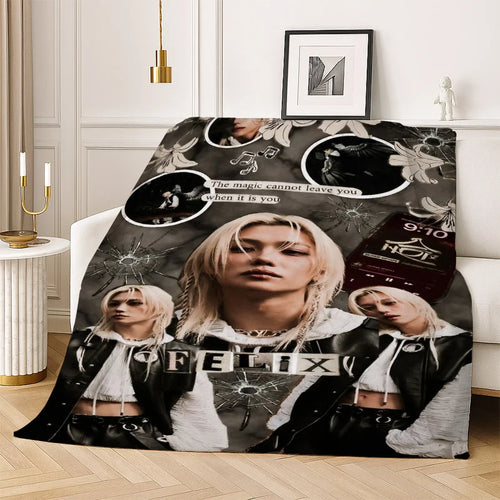 Felix Stray Kids Fleece Blanket 2D Printed Soft Cozy Dark Aesthetic