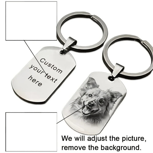 Personalized Photo Keychain, Custom-Engraved Stainless Steel Dog Tag