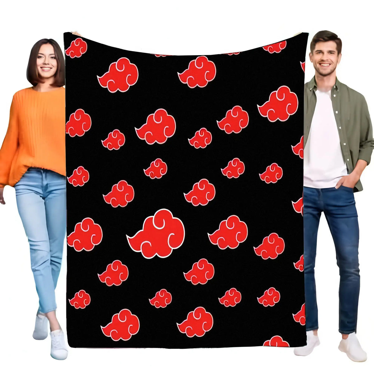 Akatsuki Inspired Black Blanket with Red Cloud Patterns, Soft Plush