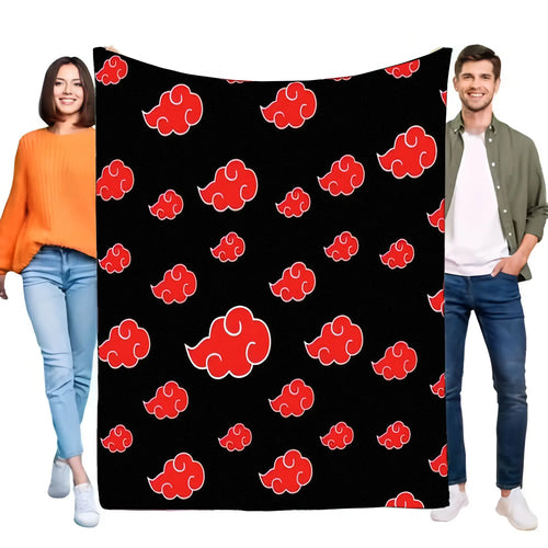 Akatsuki Inspired Black Blanket with Red Cloud Patterns, Soft Plush