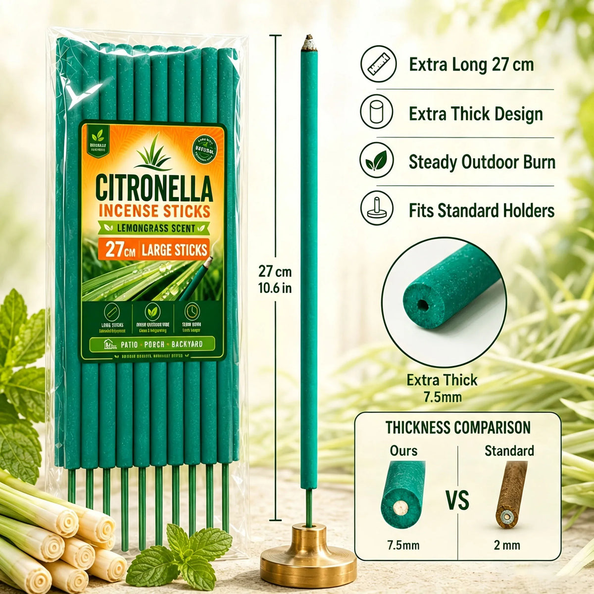 Garden Lemongrass Large Incense Sticks, 27cm Extra Long