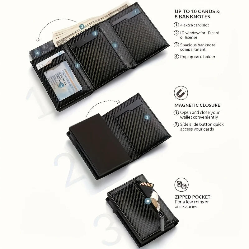 Men's Wallet with Zipper Coin Purse Automatic Pop-up Metal Credit Card