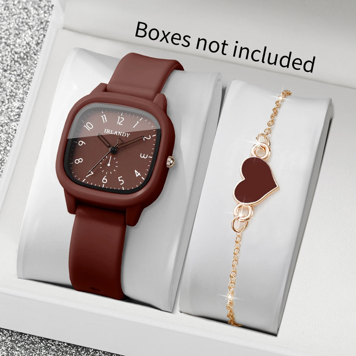 2PCS Fashion Arabic Dial Women Quartz Watch Heart Bracelet Set Square