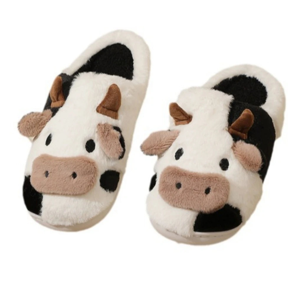 Winter Home Slippers for Couples Warm Plush Neutral Cartoon Cow Indoor