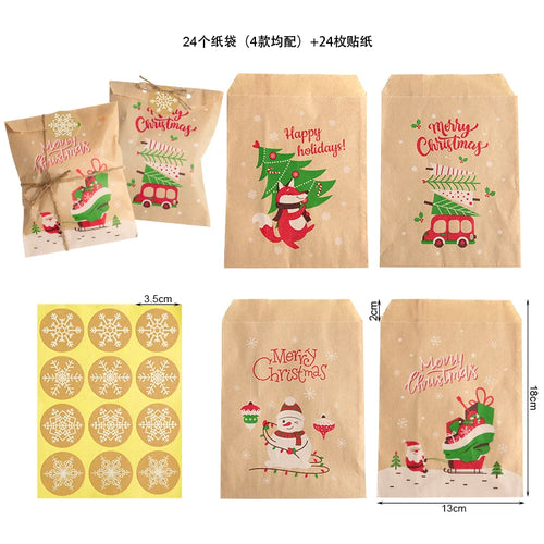 24 Sets Merry Christmas Gift Bags Retro Santa Claus Fox Kraft Paper