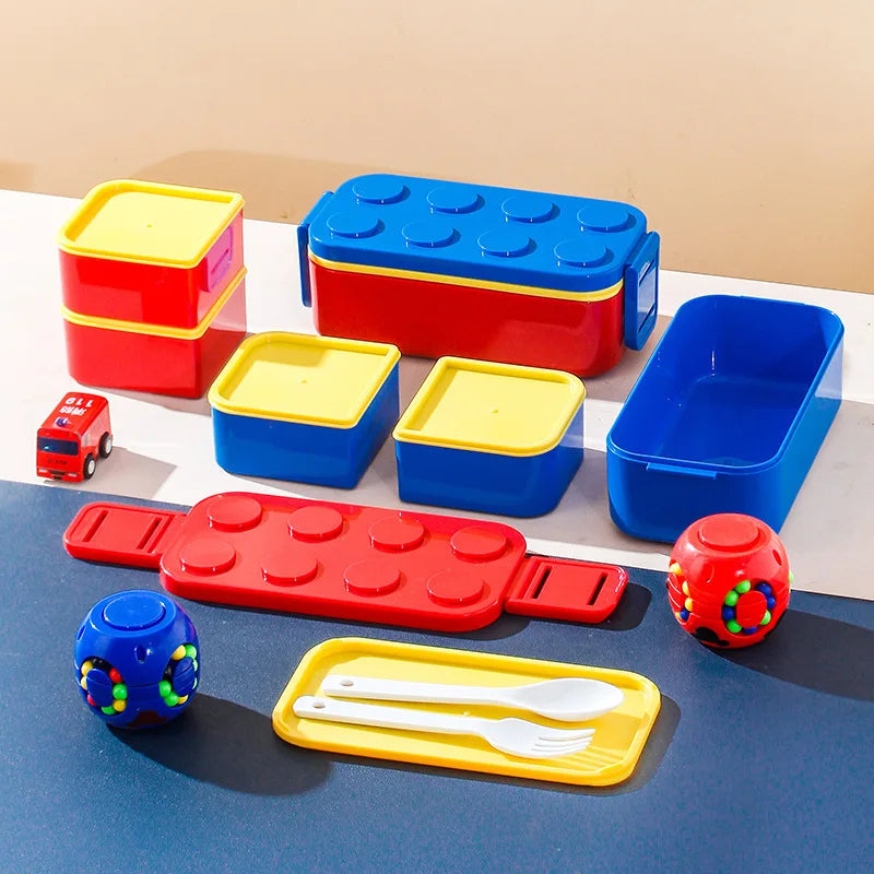 Building Block Lunch Box with Tableware Portable Double