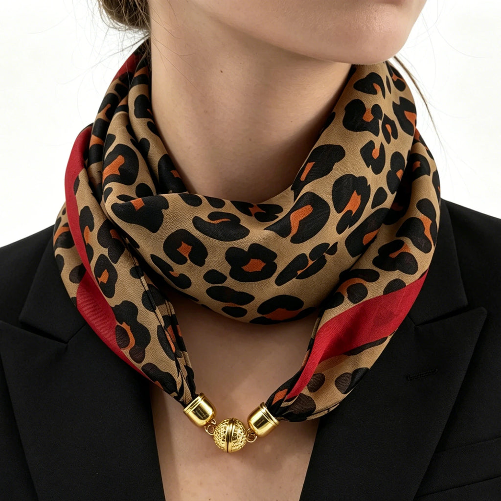 Leopard Print Magnetic Buckle Scarf, 60cm Square Thin Chiffon Neck
