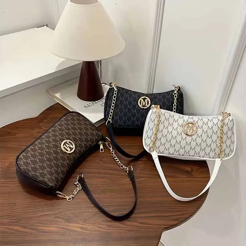 Fashion Ladies Geometric Print Chain Underarm Bag Metal Logo Decor
