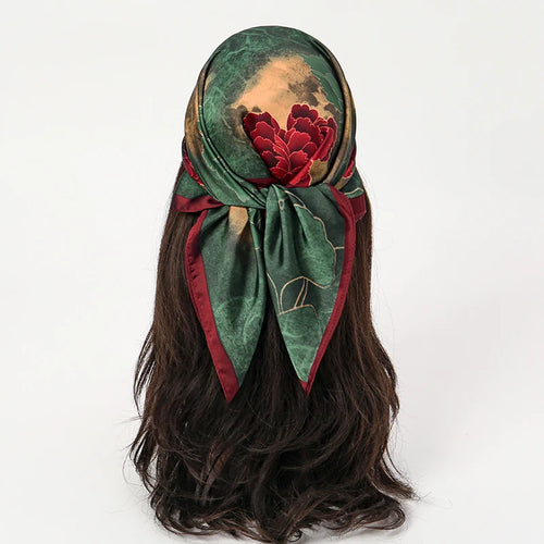 Bohemian Style Floral Print Women’s Square Silk Scarf Satin Head Wrap