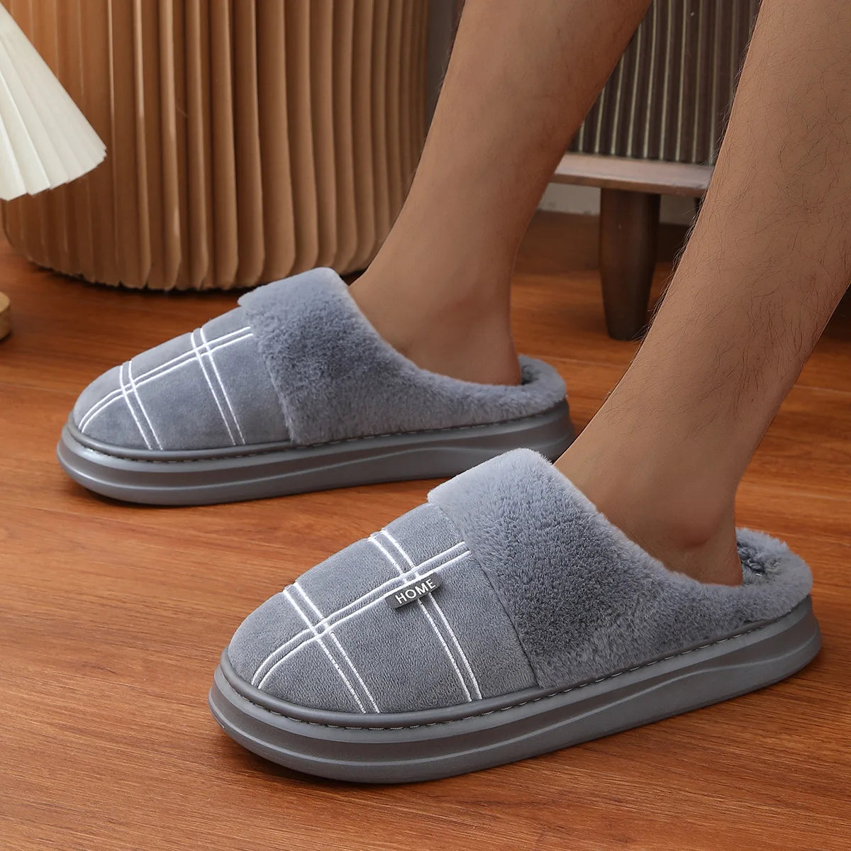 Men's Extra Large Winter Slippers Non-Slip Plush Home Shoes Warm Thick