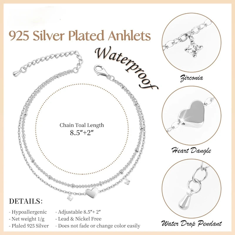925 Sliver Plated CZ Anklet Bracelets for Women Girl Trendy New